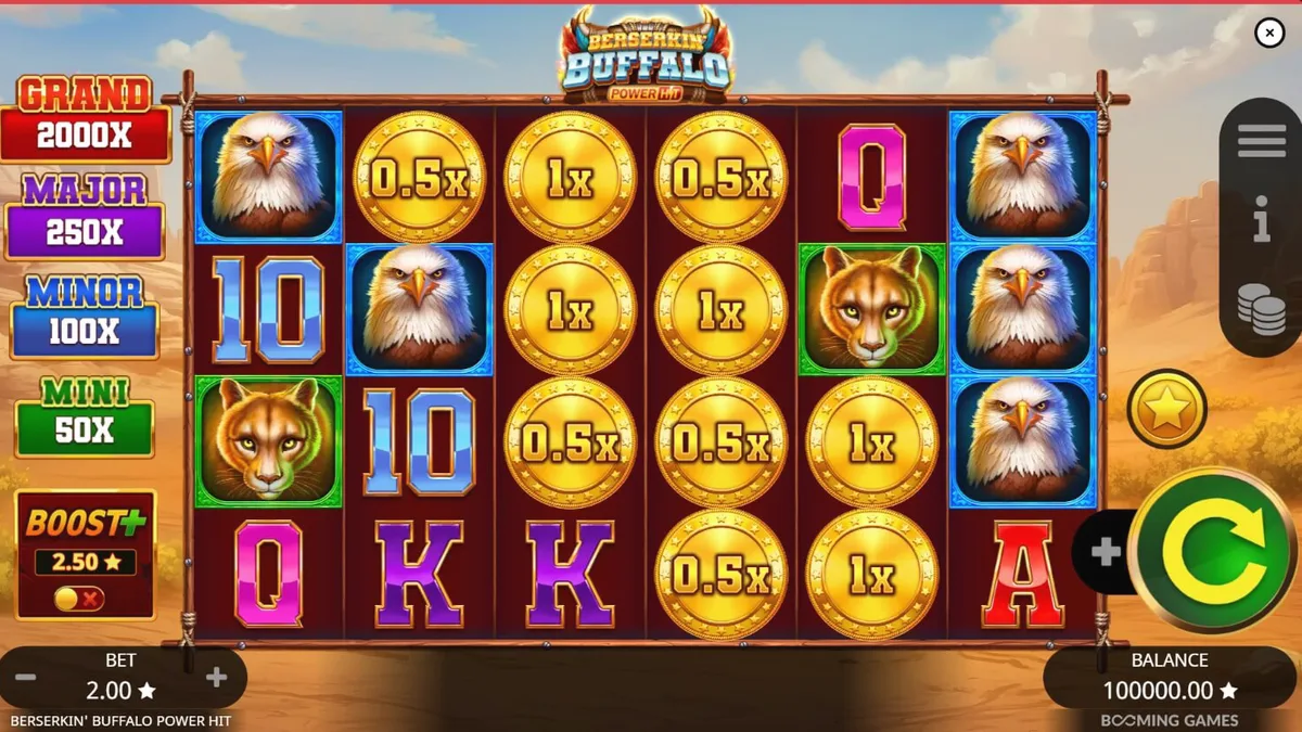 Tampilan visual slot Beserkin’ Buffalo Power Hit dengan latar belakang padang rumput liar dan simbol hewan mistis.
